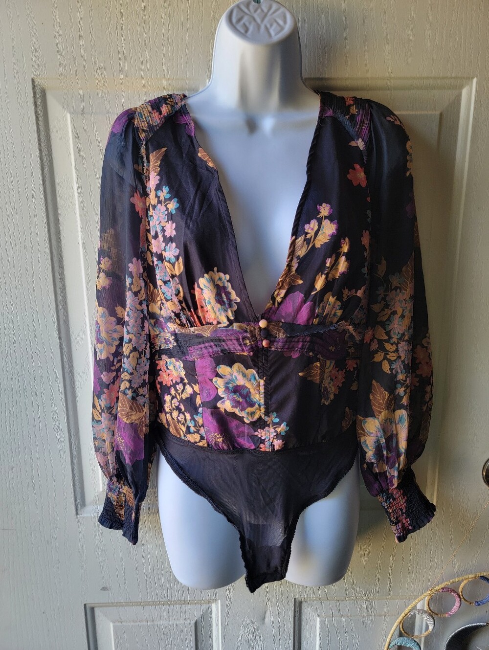 Free People Floral Stevie Nicks Style Blouse Bodysuit Size Small.